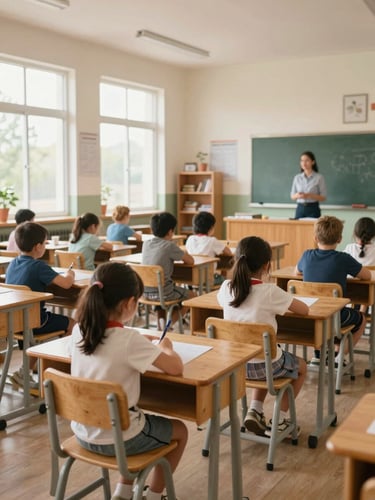 Wide shot of a bright primary school classroom in natural daylight, children seated at wooden desks focused on their work, large windows on the left casting even light across the room, a teacher standing at the far end near a chalkboard, no posed smiles, documentary framing