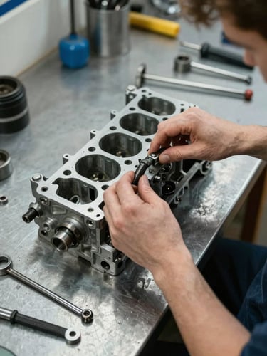 Close overhead shot of a workbench in a vocational school mechanics bay, hands tightening a bolt on an engine block, tools laid out on a steel surface, even natural workshop light, no faces