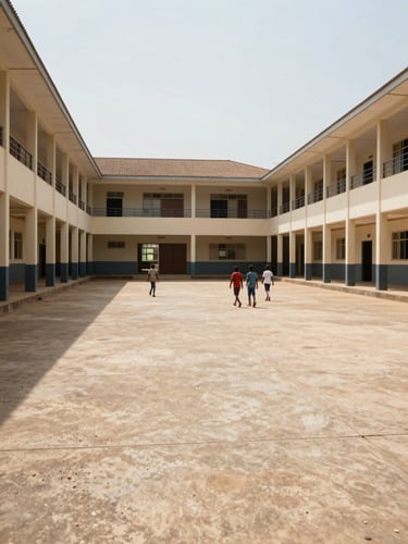 Wide exterior view of a school courtyard in Yaoundé, clean concrete pathways, children moving between buildings in the background, even midday light, architectural framing showing the scale and order of the campus, no posed subjects