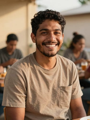 Retrato de plano medio de un voluntario sonriendo con calidez en un comedor social, luz natural suave de atardecer, tonos tierra orgánicos, conexión humana auténtica