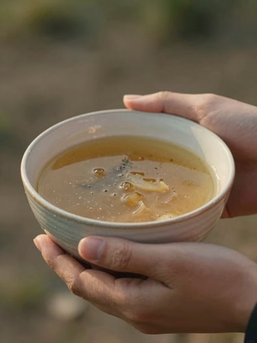 Close-up of warm hands holding a handmade ceramic bowl filled with warm soup, soft natural evening light, earthy tones, 35mm film look