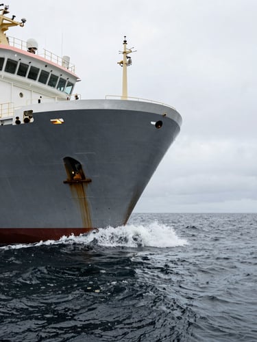 Low-angle wide shot of a heavy steel utility vessel hull cutting through dark gray ocean swells under overcast daylight, cold industrial tone.