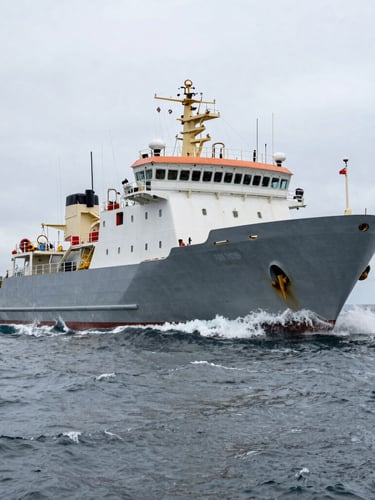 Low-angle wide shot of a heavy steel-hulled utility vessel cutting through cold, gray ocean swells under overcast daylight.