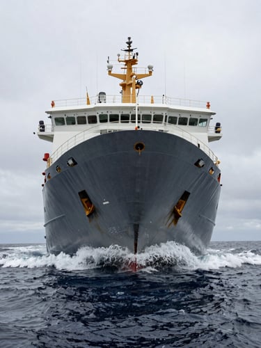 Low-angle wide shot of the heavy steel hull of an intervention vessel cutting through dark, overcast swells in deep offshore waters.
