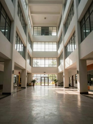 Wide architectural shot of a four-storey commercial building interior atrium in Vijayawada, empty wide corridor with polished flooring and natural light flooding through large side windows, ceiling height emphasised by vertical framing, no people, no furniture—space reads as ready and waiting