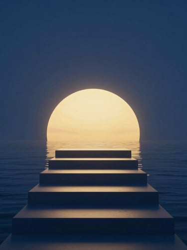Minimalist clean architectural steps reaching toward a soft golden light, deep blue background, quiet contemplative atmosphere, 3d render