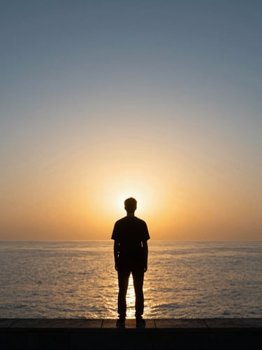 A quiet silhouette of a person standing on a clean stone ledge at sunrise, looking out over a vast golden ocean, minimalist composition, serene dawn light.