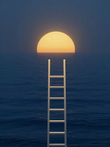 Minimalist 3D render of a clean geometric ladder reaching toward a radiant golden sun rising over a calm, deep blue ocean, high-contrast dawn light, cinematic framing