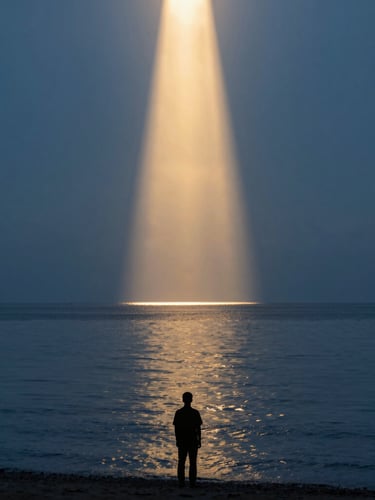 A quiet silhouette of a person standing at the edge of a calm ocean at golden hour, a single vertical beam of solar light piercing the sky, minimalist.