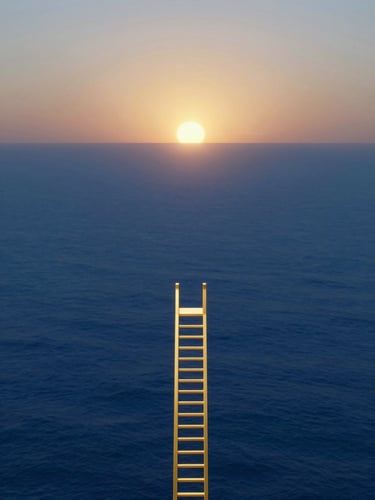 Minimalist 3D render of a golden ladder rising toward a glowing solar dawn over a calm, deep blue ocean, cinematic light, wide horizon.