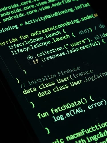 Macro shot of a physical Android device screen displaying neon green interface code, dark studio background, sharp focus, 50mm
