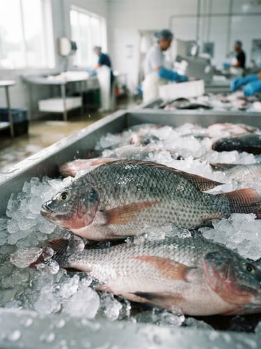 Crisp documentary photography of fresh tilapia on clean ice, bright morning light, water droplets, professional aquaculture setting