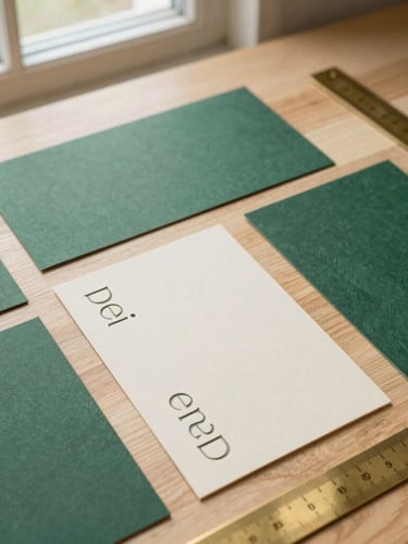 Overhead flat-lay of heavy forest green paper samples, warm cream cards with deep debossed typography, and brass rulers on a light oak workshop table, natural side-lit window daylight