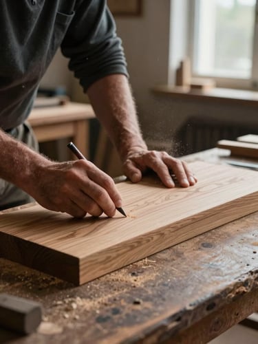 Cinematic wide shot of a master joiner's hand tracing the grain of seasoned Scottish oak on a dark workbench, soft diffused natural light from a high window, deep shadows, dust motes in the air.