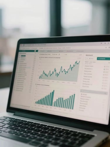 Close-up of a financial model displayed on a laptop screen, showing charts and figures, in a modern London office, overcast daylight, soft shadows, editorial film photography.