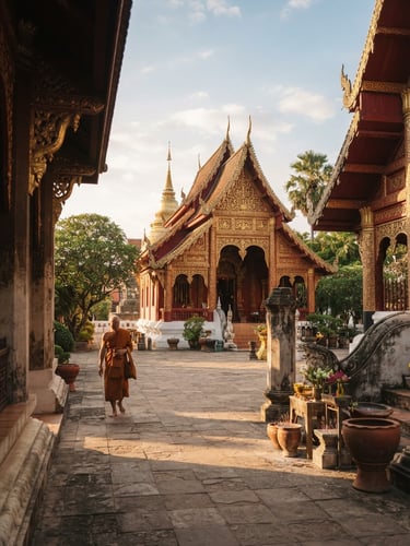 Warm editorial travel photography of a quiet temple courtyard in Chiang Mai, golden hour sunlight casting long shadows, soft natural tones, 35mm film look