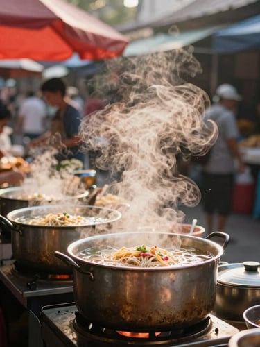 A bustling local Thai street market in Lampang, steam rising from fresh noodle pots, warm morning light, natural textures, atmospheric travel photography