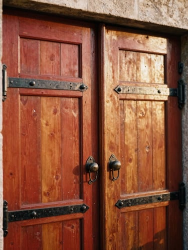 Detail shot of ancient weathered wooden doors with iron hinges on a stone house, soft morning light, shallow depth of field, warm tones
