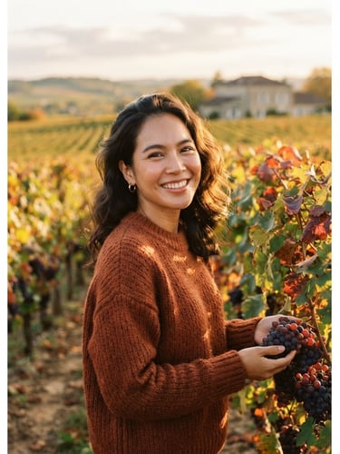 Portrait of a smiling Thai woman in a warm knit sweater standing in a sunlit French vineyard, golden hour light, 35mm film aesthetic, shallow depth of field.