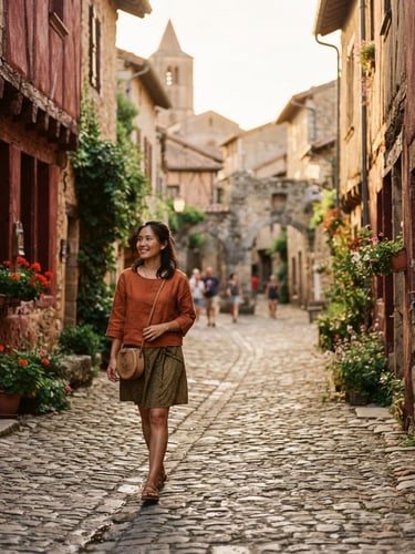 Medium environmental portrait of a Thai woman walking through a narrow cobblestone street in a medieval French village, soft warm golden hour light, 35mm film look