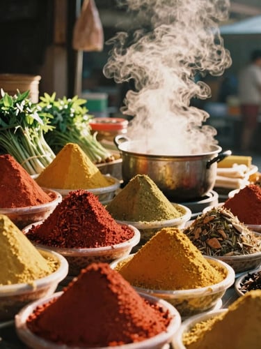 A vibrant local Thai market stall filled with colorful spices, fresh herbs, and steam rising from a large pot, warm golden hour lighting, 35mm film look