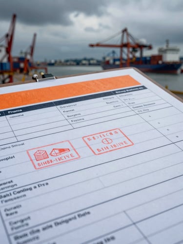 Close-up, high-angle view of a shipping manifest with official stamps and HS codes, industrial lighting, desaturated steel blues and sharp orange accents, dramatic overcast daylight.