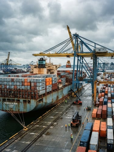 Dramatic wide-angle view of a massive container ship at a US port, hard daylight, desaturated steel blues and high-contrast orange, 35mm