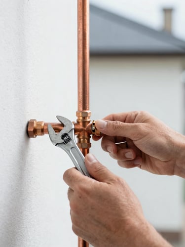 Close-up of a professional plumber's hands tightening a copper pipe joint with a wrench, clean work light, high-contrast cool tones, Reims residential background.