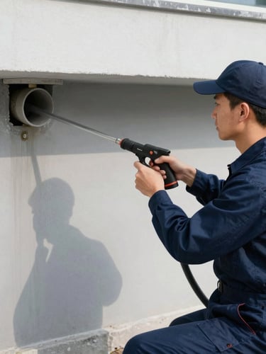 A professional plumber in clean navy blue uniform operating a high-pressure hydrocurage hose near a drainage system, natural daylight, sharp focus, 35mm editorial style
