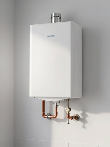 Medium shot of a neat, newly installed modern white water heater with copper pipes perfectly aligned against a clean wall, natural daylight.