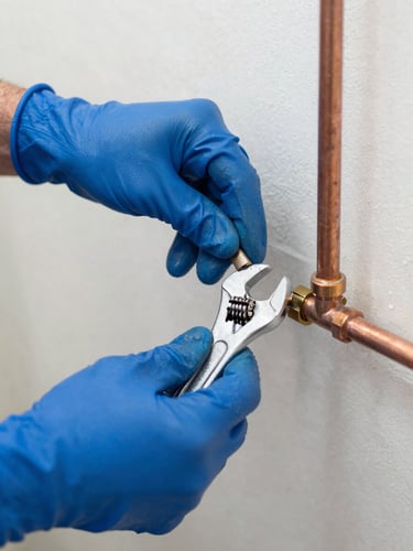 Close-up of a professional plumber's hands in blue work gloves repairing a copper pipe joint with a wrench, bright natural light, sharp focus, 35mm editorial style.