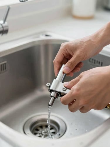 Close-up of professional hands carefully clearing a kitchen sink drain with specialized mechanical tools, clean modern kitchen background, natural daylight, sharp focus, 35mm editorial style.