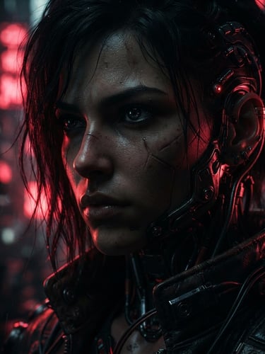 Extreme close-up portrait of a high-concept cyberpunk character, low-key lighting with sharp crimson neon backlighting, deep shadows, cinematic anamorphic lens, 35mm