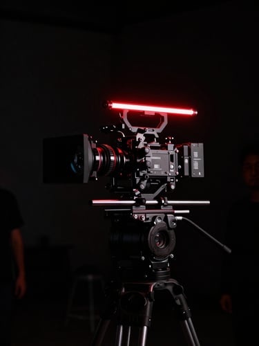 Behind the scenes of an independent film set, low-key lighting with a single red neon stripe illuminating a high-end camera rig, dark shadows, high contrast.