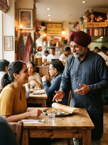 A vibrant, warm-lit interior of a multicultural business in Southall, perhaps a bustling market stall or a family-run restaurant, with the owner actively engaging with a customer, framed medium-wide, natural window light, shallow depth of field.