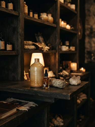 Elegant boutique interior of an intimate wellness shop in Estado de México, warm golden highlights, dark textured wood shelves with curated products, low-key dramatic chiaroscuro lighting, 85mm