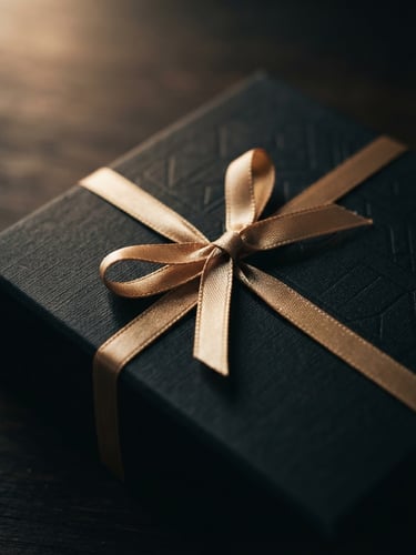 Moody close-up of a luxury dark textured gift box with a delicate gold ribbon, soft dramatic lighting with warm highlights, 85mm