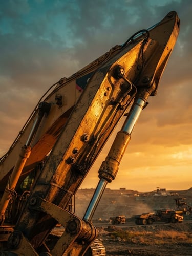 Low-angle heroic shot of a massive yellow excavator hydraulic arm glistening under golden hour South African sun, industrial metal texture