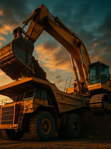 Low-angle heroic shot of a massive yellow excavator loading a haul truck in an open-cast South African mine, dramatic sunset lighting reflecting off steel treads.