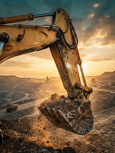 Low-angle heroic shot of a massive yellow excavator hydraulic arm glistening under golden-hour sunlight in a South African mining yard