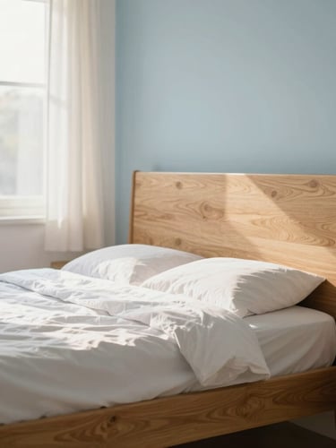 Bright editorial photograph of a modern oak bed frame in a sun-drenched bedroom, soft morning window light, shallow depth of field, warm amber accents, 35mm.