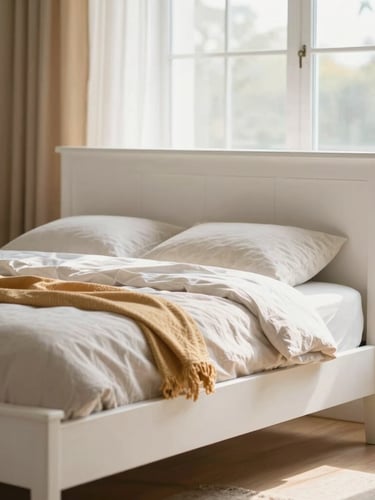 Bright editorial photography of a custom white-oak bed frame bathed in soft morning window light, neutral linens, warm amber accents, 35mm