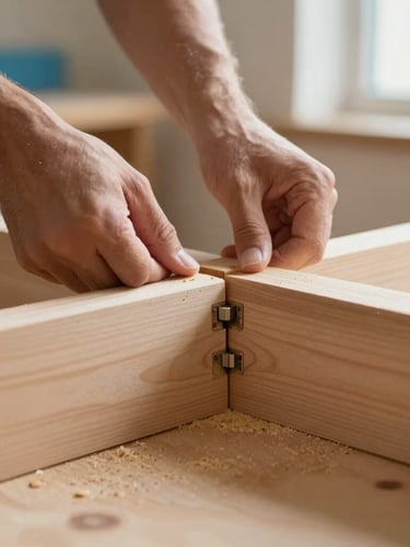 Close-up of a craftsman's hands fitting a mortise and tenon joint on a solid wood bed frame, fine sawdust, soft morning workshop light, warm timber tones, shallow depth of field.