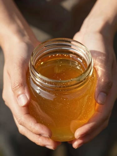 Close-up of hands carefully exchanging a clean amber glass jar filled with golden honey, warm natural light, macro detail.