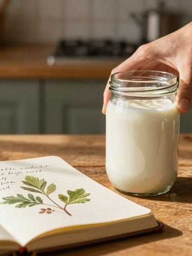 Hands carefully placing a fresh glass jar of kefir next to a handwritten botanical notebook, rustic kitchen background, warm natural light.