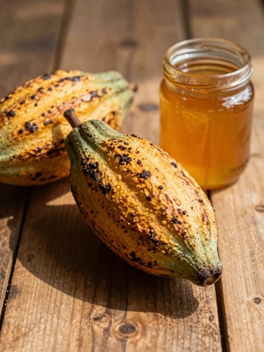 Macro photograph of wild cacao pods and raw honey jar on a rustic wooden table, warm morning sunlight casting long shadows, organic textures.