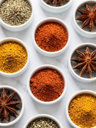 Overhead flat-lay of vibrant whole spices in clean white ceramic bowls on a bright marble surface, soft morning light.