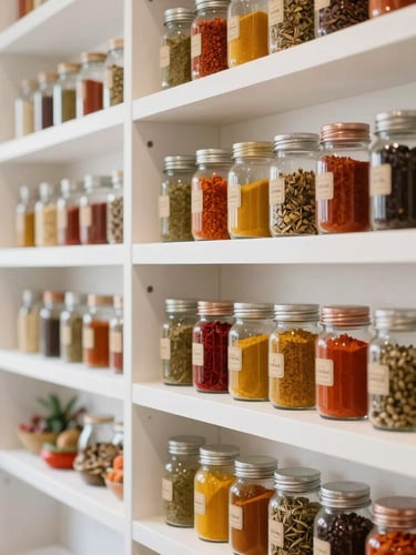 Bright editorial food photography of a modern South Asian boutique interior, clean organized white shelves with colorful spice jars, natural daylight, shallow depth of field