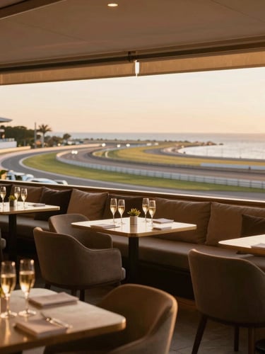 Wide environmental shot of an elegant corporate setup inside a panoramic lounge overlooking the racetrack at golden hour, warm lighting, champagne glasses on tables.
