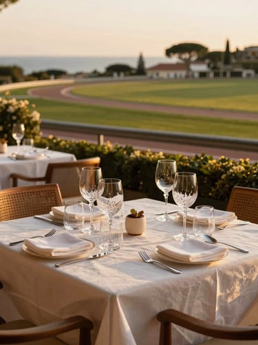 Warm editorial photography of a beautifully set restaurant table with fine white linen and crystal glasses, looking out over the green racetrack of Cagnes-sur-Mer at golden hour, soft focus, 35mm.